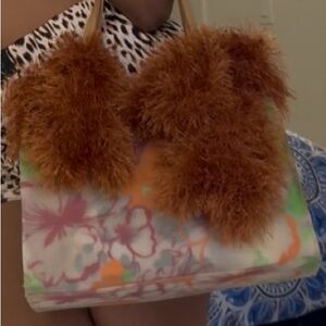 Floral Print Tote with Rust Brown Faux Fur Trim